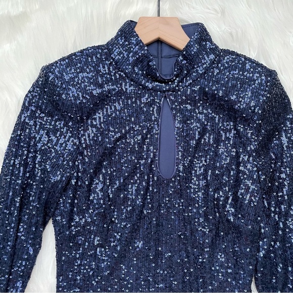 VINCE CAMUTO Long Sleeve Stand Neck Keyhole Sheath in Navy Blue Sequin Size 6 - Picture 6 of 14